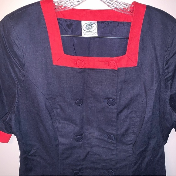 Laura Ashley Vintage Linen And Cotton Sailor Style Red Navy Dress 10 - Picture 5 of 10